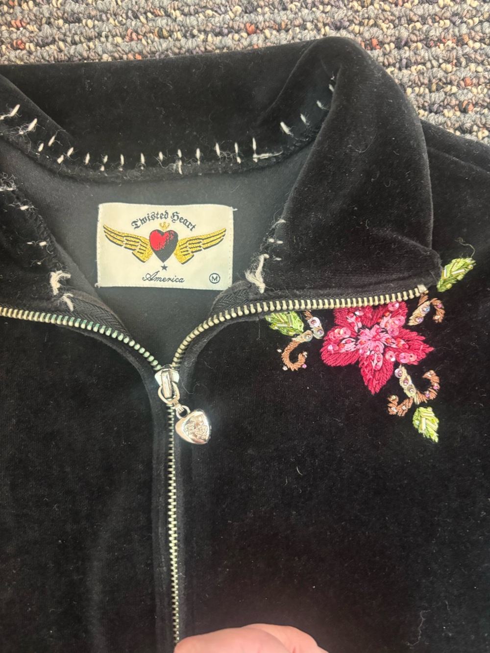 TWISTED HEART Black Velour Drawstring Track Pants with Pink Floral Accent - Picture 5 of 8